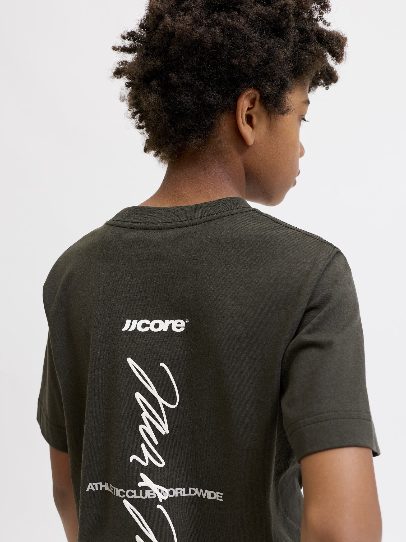 Jack Jones Youths Club Back Script Crew Neck Tee Junior in Peat back model view