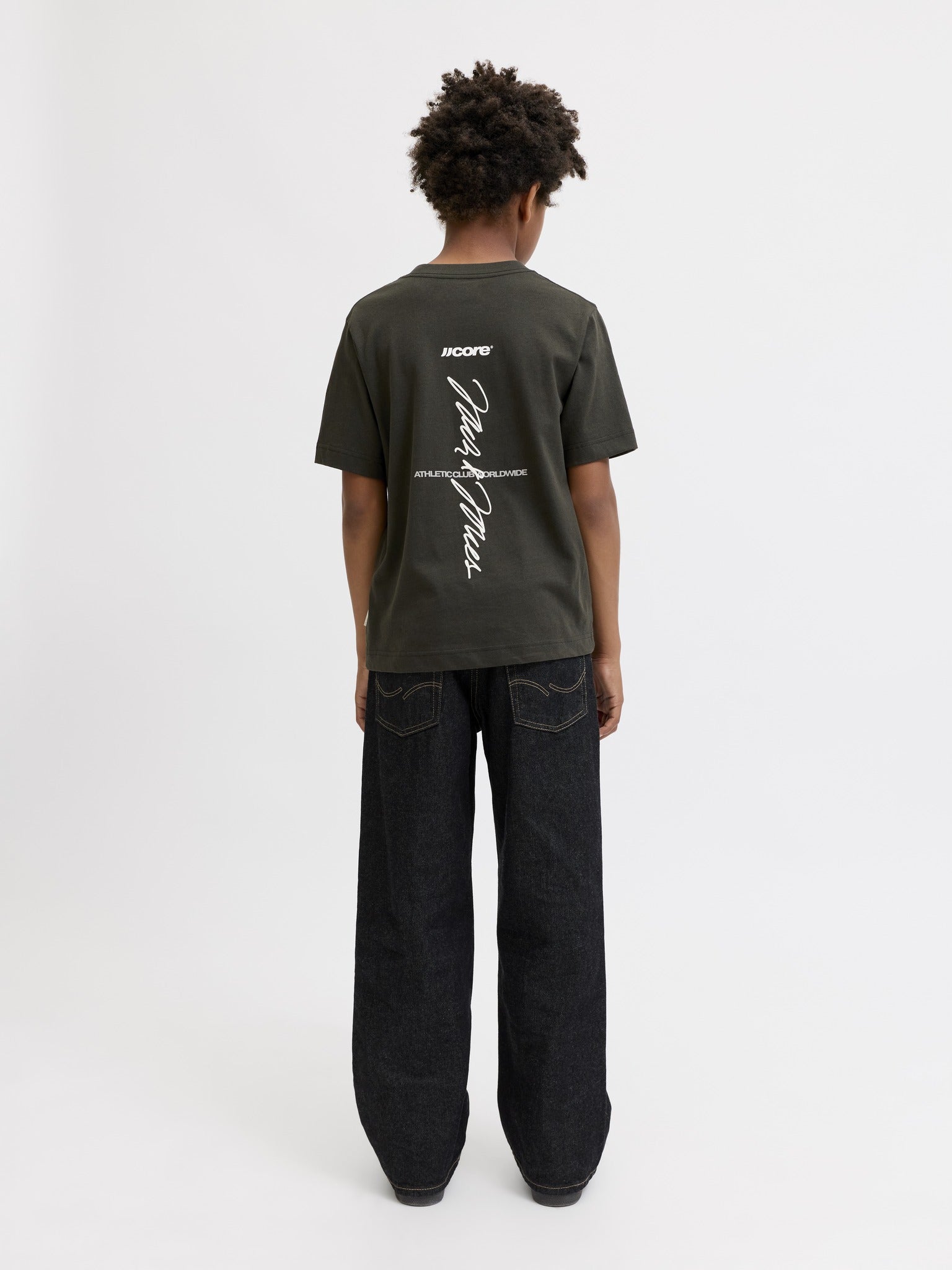 Jack Jones Youths Club Back Script Crew Neck Tee Junior in Peat full-length back model view