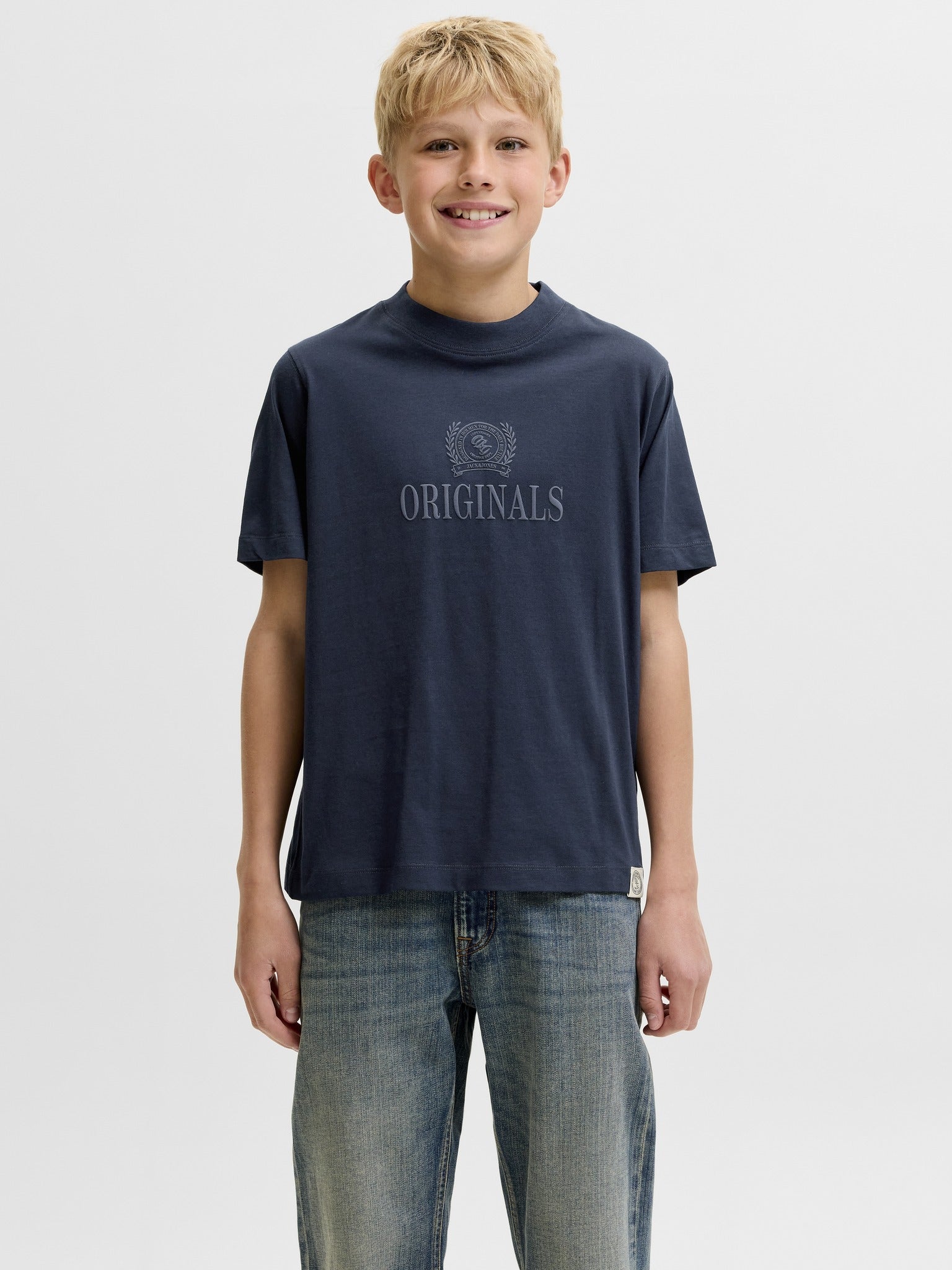 Jack Jones Youths Frederiksberg Monogram Crew Neck Tee Junior in Sky Captain full length model view
