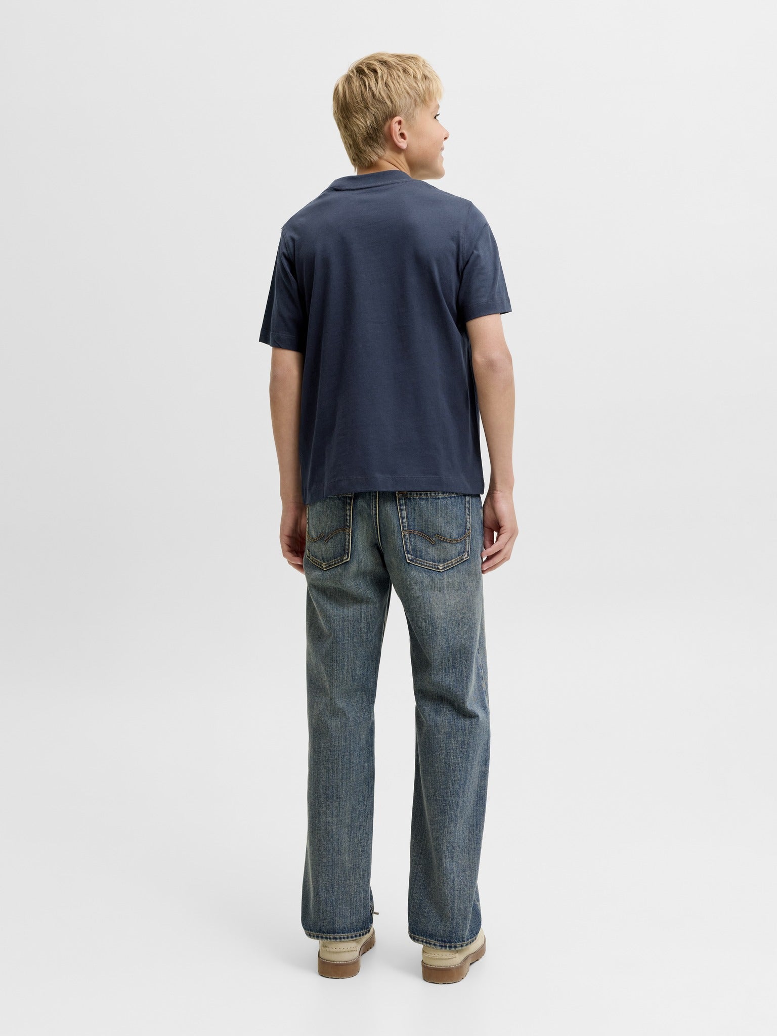 Jack Jones Youths Frederiksberg Monogram Crew Neck Tee Junior in Sky Captain back model view