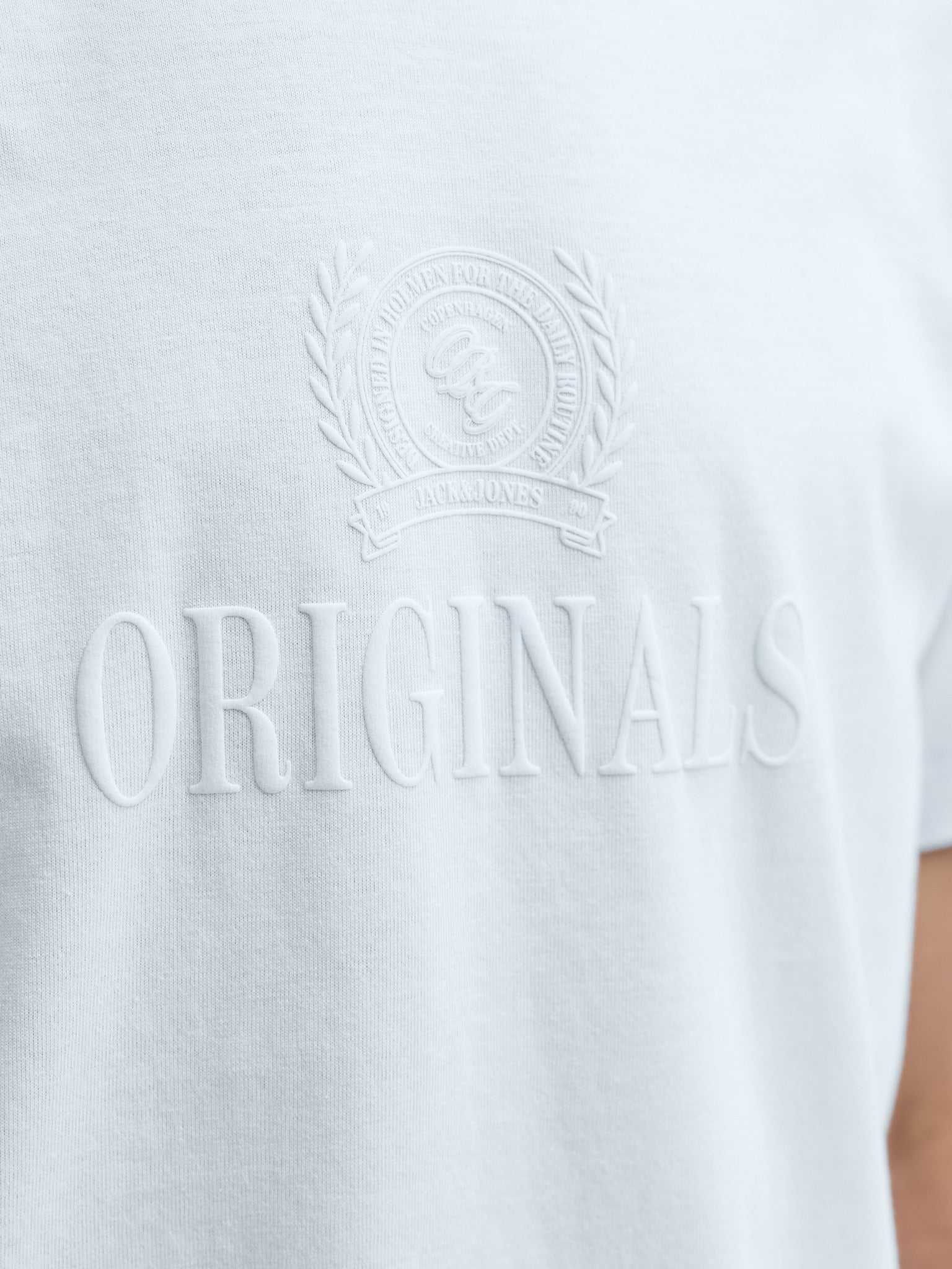 Jack Jones Youths Frederiksberg Monogram Crew Neck Tee Junior in Ice Water embossed logo detail