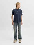 Jack Jones Youths Frederiksberg Monogram Crew Neck Tee Junior in Sky Captain angled model view