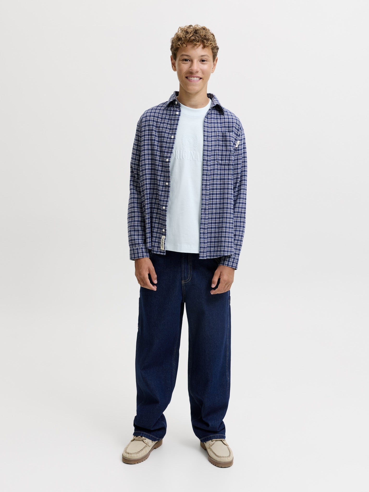 Jack Jones Youths Frederiksberg Monogram Crew Neck Tee Junior in Ice Water full length model view