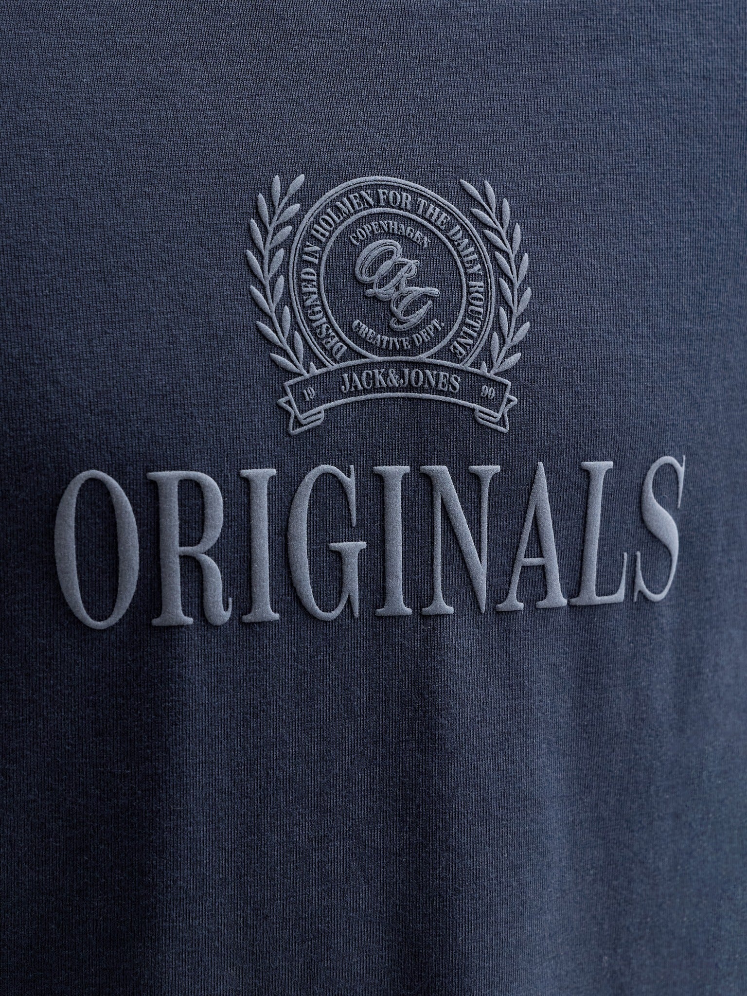 Jack Jones Youths Frederiksberg Monogram Crew Neck Tee Junior in Sky Captain logo print detail