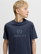 Jack Jones Youths Frederiksberg Monogram Crew Neck Tee Junior in Sky Captain front model view