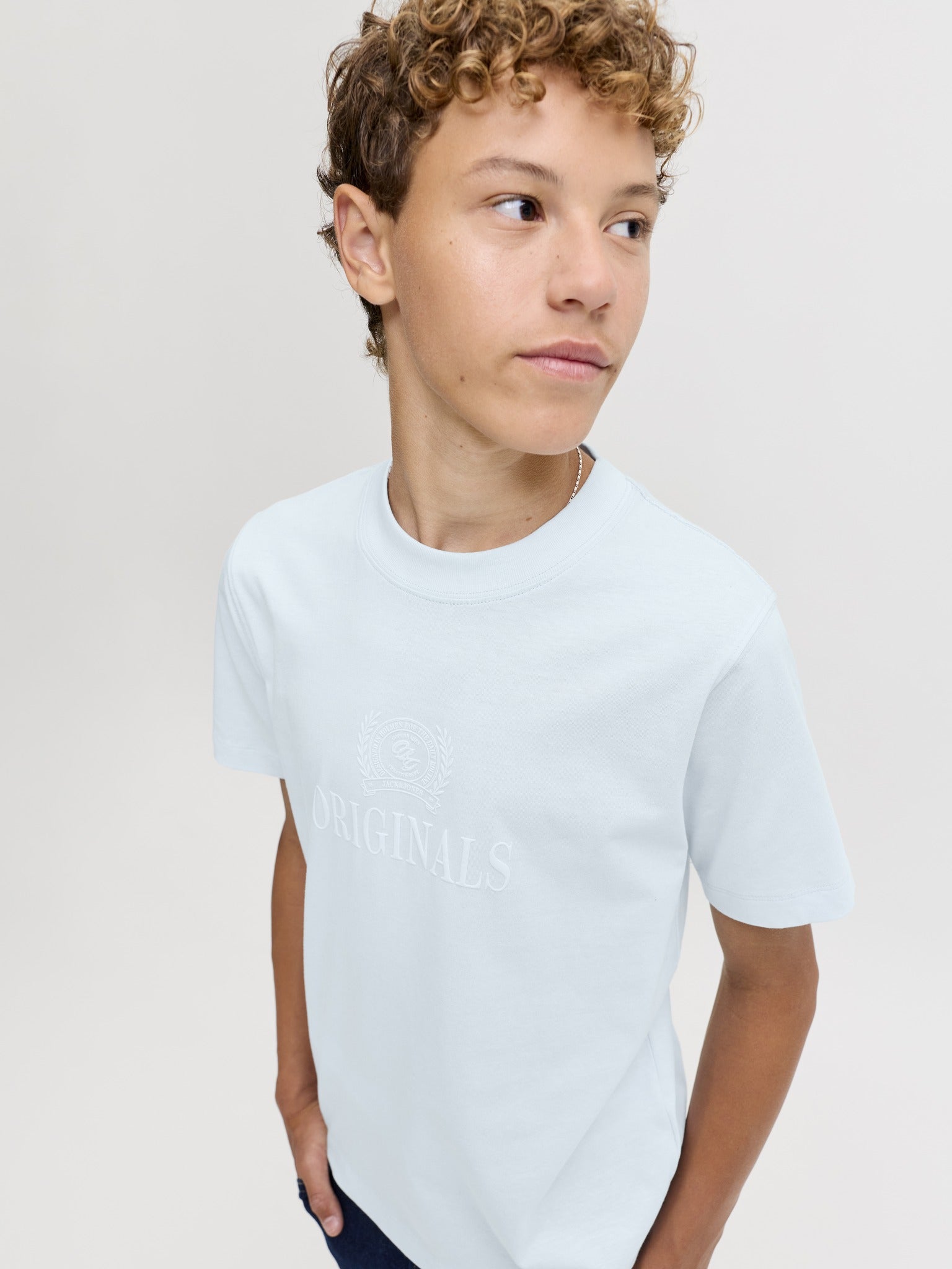 Jack Jones Youths Frederiksberg Monogram Crew Neck Tee Junior in Ice Water angled model view