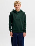Jack Jones Youths Frederiksberg Monogram Junior Sweat Hoodie in Pine Grove full length model view