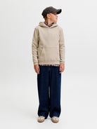 Jack Jones Youths Frederiksberg Monogram Junior Sweat Hoodie in Feather Gray angled model view