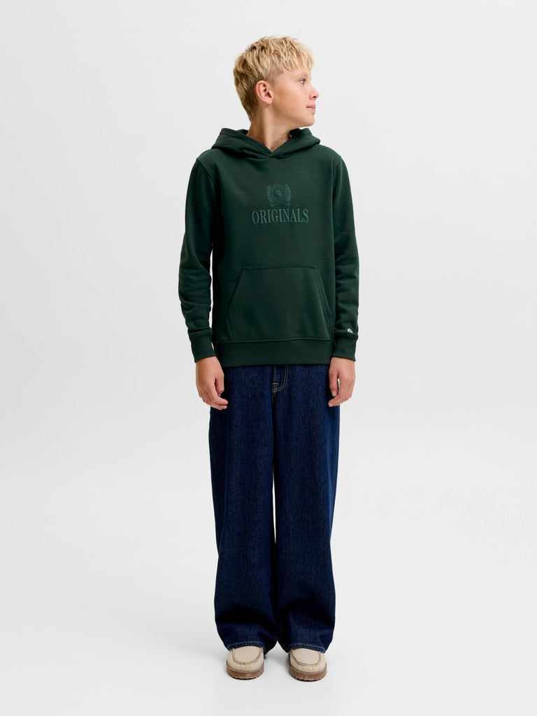 Jack Jones Youths Frederiksberg Monogram Junior Sweat Hoodie in Pine Grove angled model view