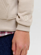 Jack Jones Youths Frederiksberg Monogram Junior Sweat Hoodie in Feather Gray sleeve logo detail