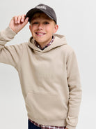 Jack Jones Youths Frederiksberg Monogram Junior Sweat Hoodie in Feather Gray front model view