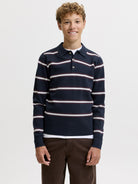 Jack Jones Junior Atocha Knit Stripe Polo Junior in Sky Captain Sea Salt / Chocolate Truffle on model