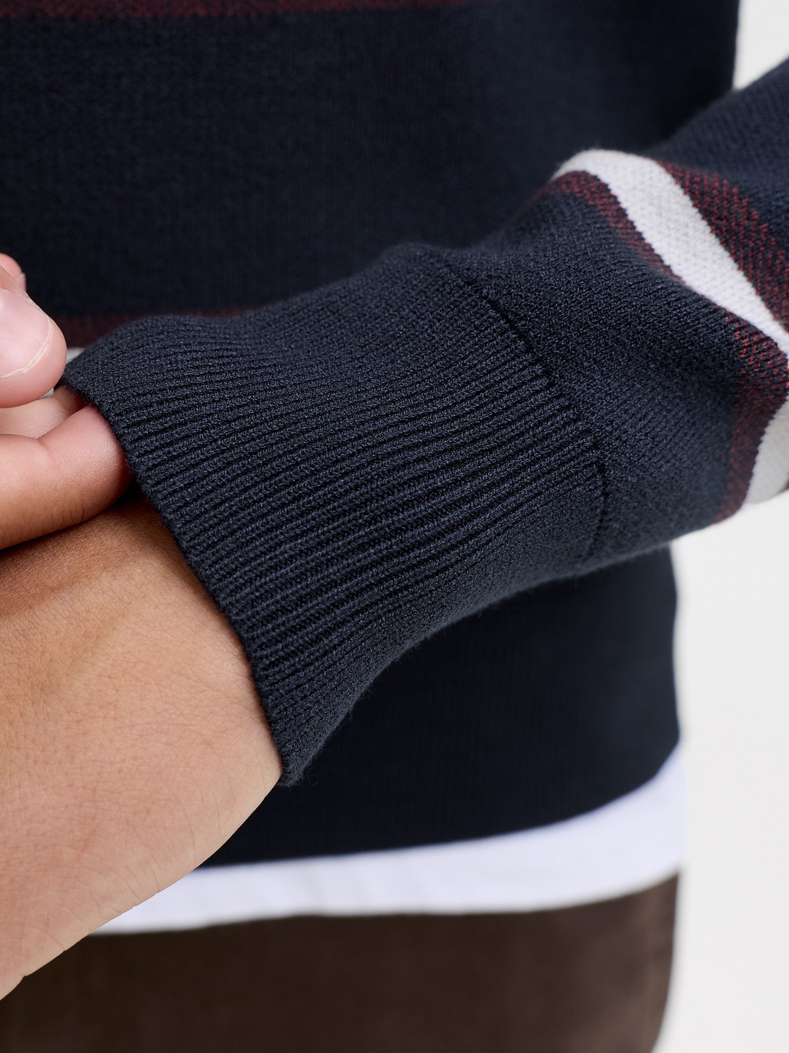 Jack Jones Junior Atocha Knit Stripe Polo Junior in Sky Captain Sea Salt / Chocolate Truffle ribbed cuff