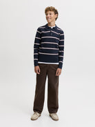 Jack Jones Junior Atocha Knit Stripe Polo Junior in Sky Captain Sea Salt / Chocolate Truffle full length view