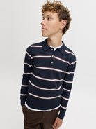 Jack Jones Junior Atocha Knit Stripe Polo Junior in Sky Captain Sea Salt / Chocolate Truffle angled view on model