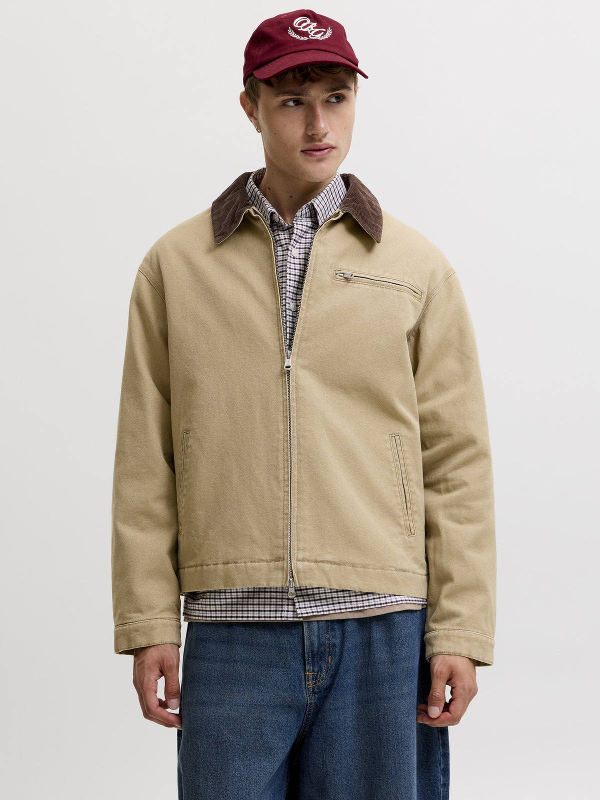 JACK & JONES Chamberi Worker Jacket in Kelp on model