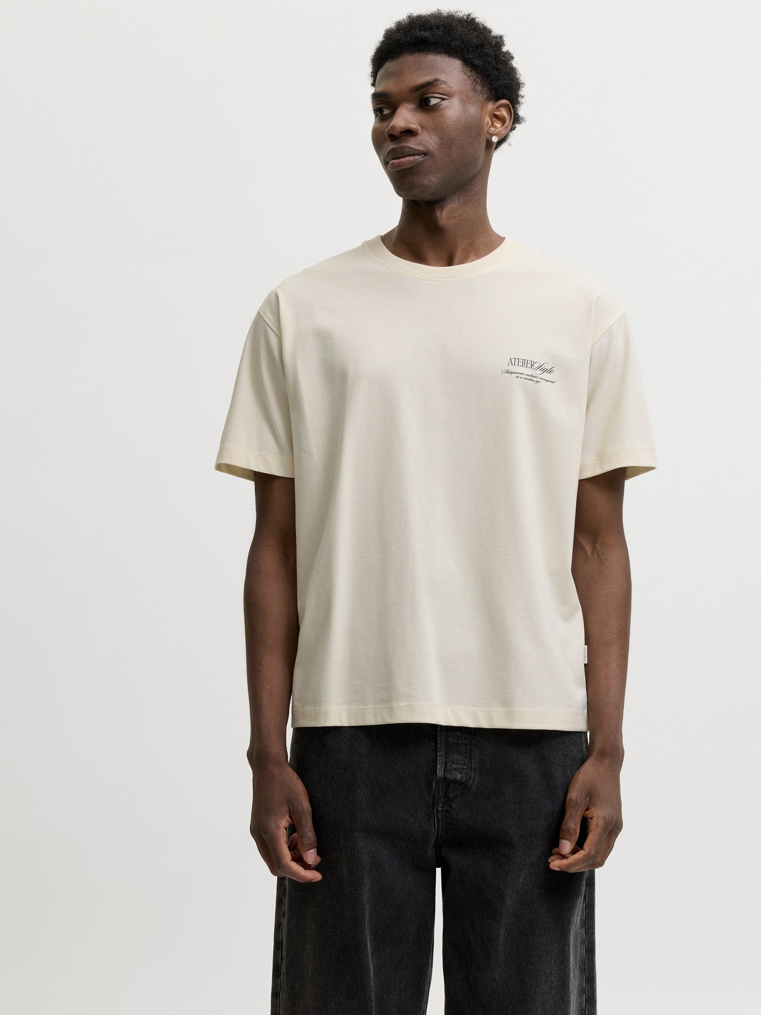 JACK & JONES Salamanco Photo Back Crew Neck Tee in Antique White front model view