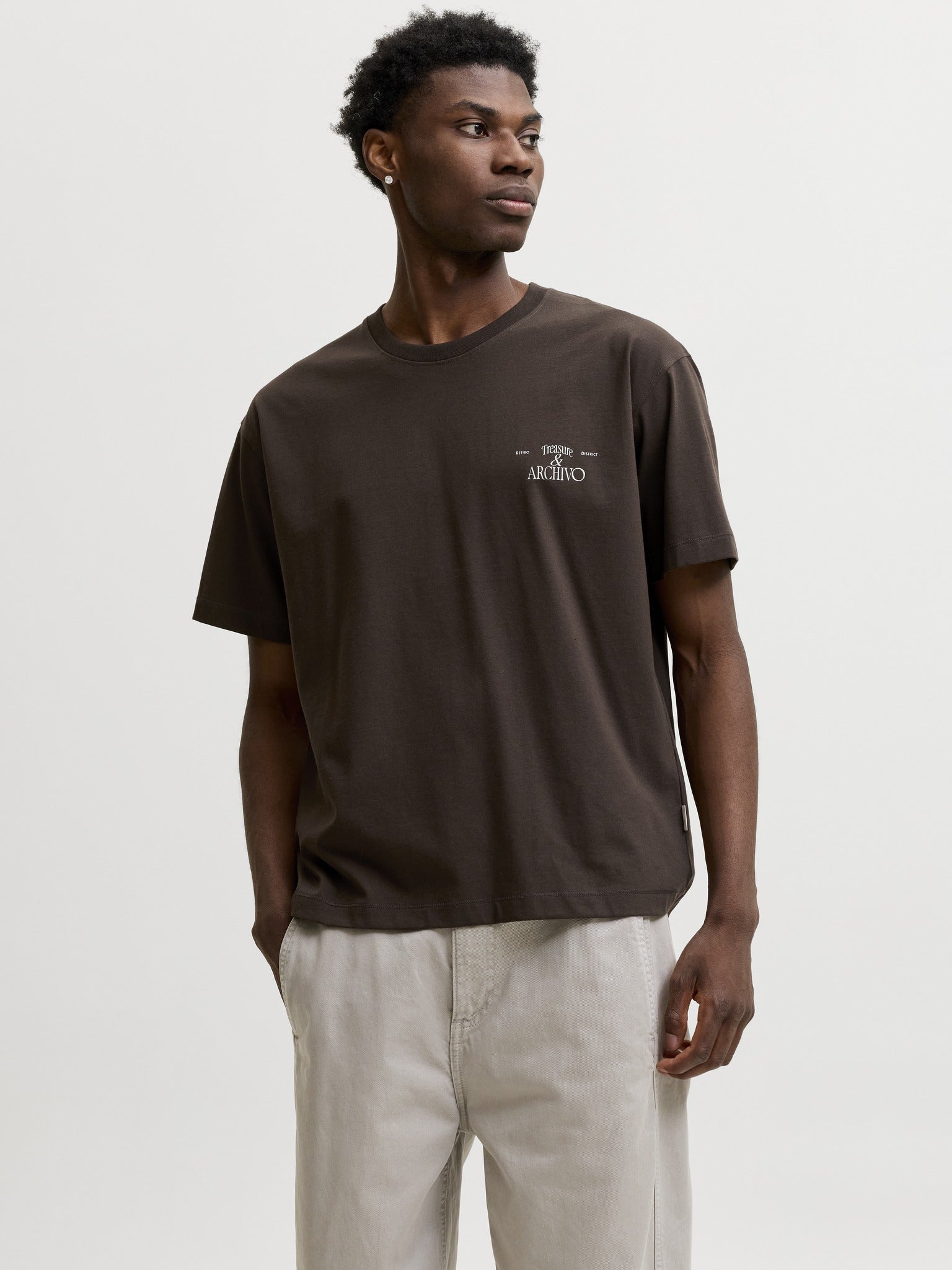 JACK & JONES Salamanco Photo Back Crew Neck Tee in Java angled model view