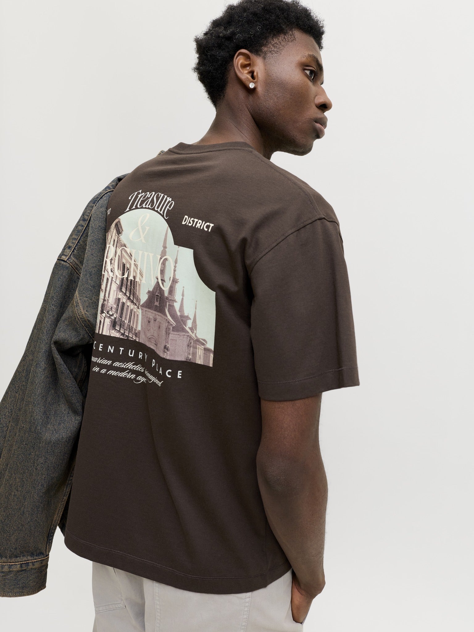 JACK & JONES Salamanco Photo Back Crew Neck Tee in Java angled model view angled model view