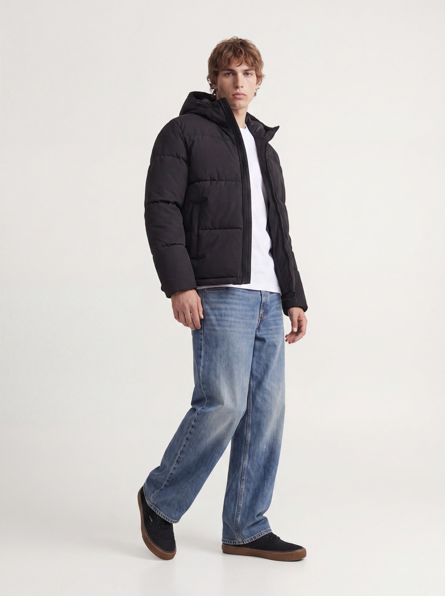 JACK & JONES Galaxy Puffer Jacket in Black angled view on model