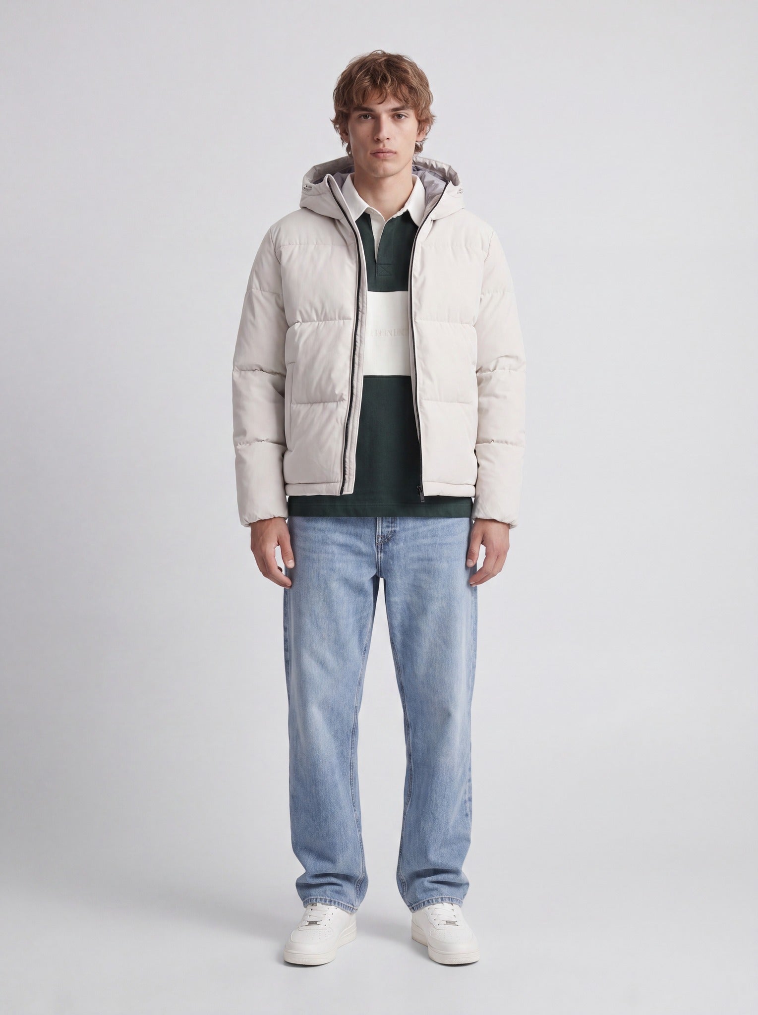 JACK & JONES Galaxy Puffer Jacket in Moonbeam angled view on model