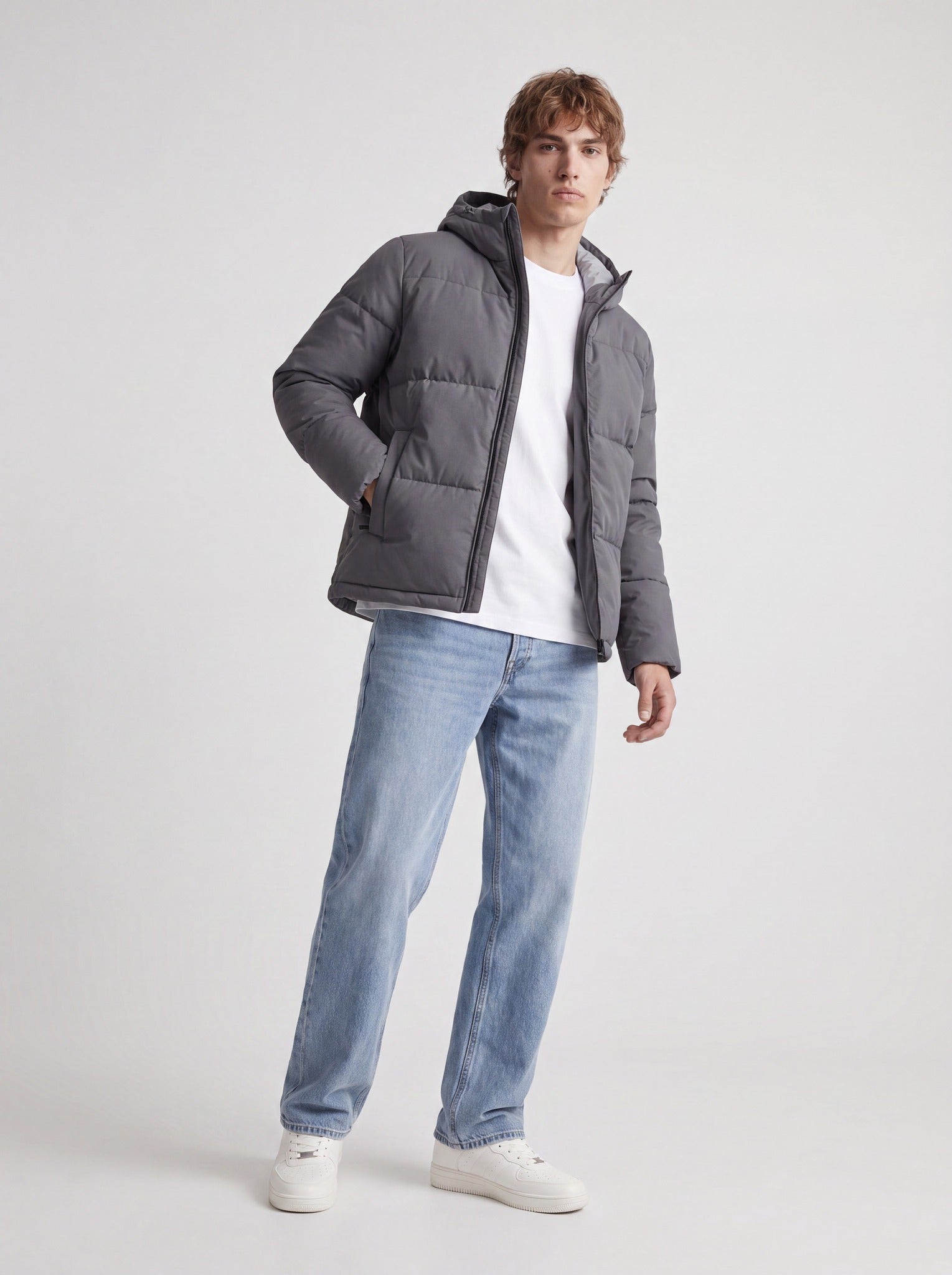 JACK & JONES Galaxy Puffer Jacket in Asphalt upper body view