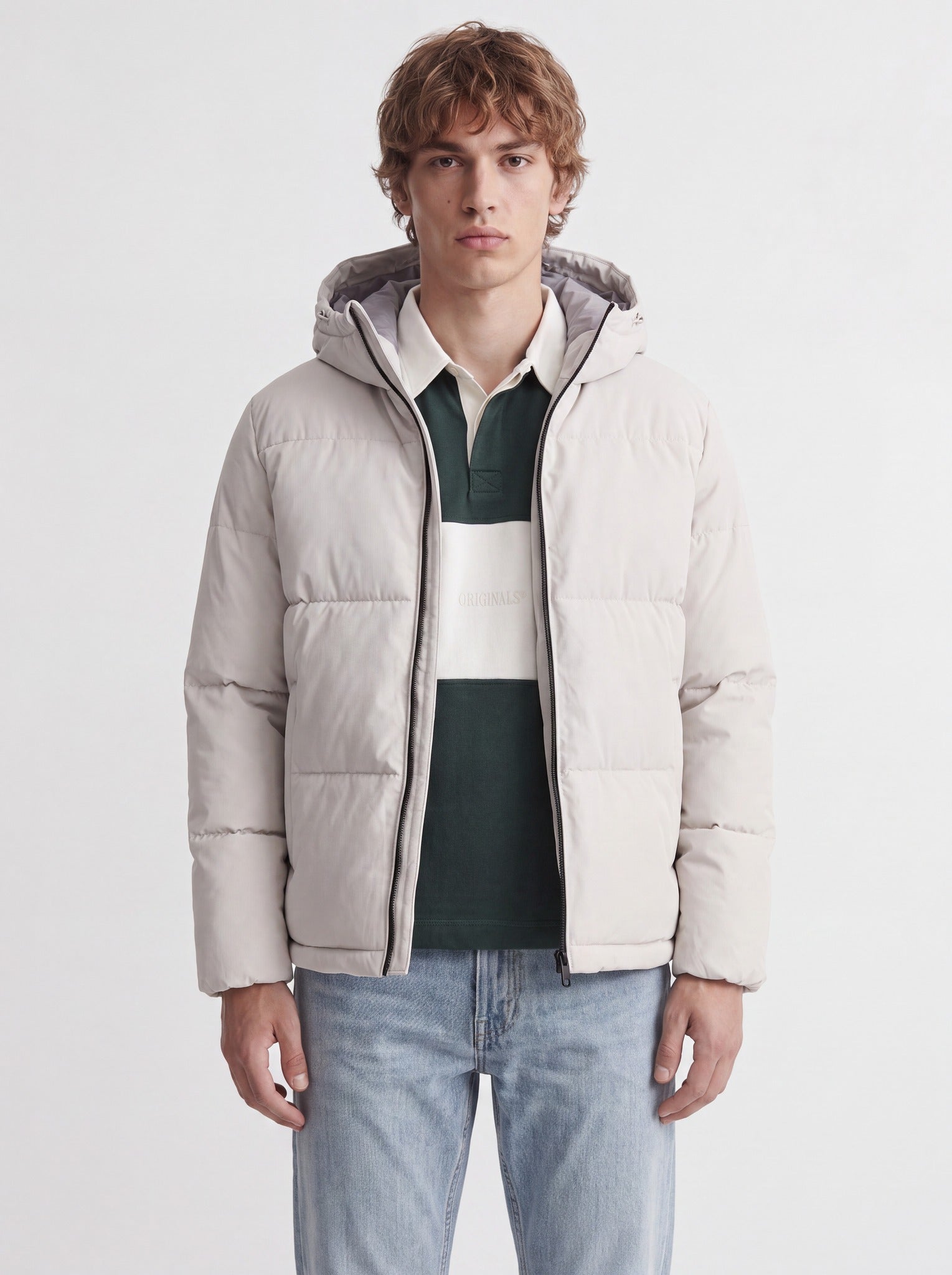 JACK & JONES Galaxy Puffer Jacket in Moonbeam on model