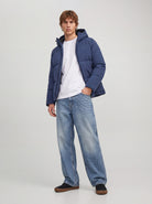 JACK & JONES Galaxy Puffer Jacket in Sky Captain angled view on model