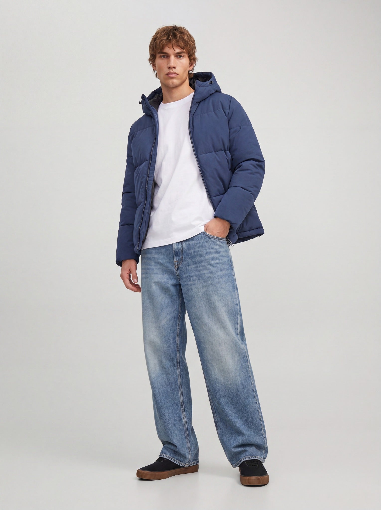 JACK & JONES Galaxy Puffer Jacket in Sky Captain angled view on model