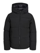 Front product view of the Jack Jones Junior Galaxy Boys Puffer Jacket in Black