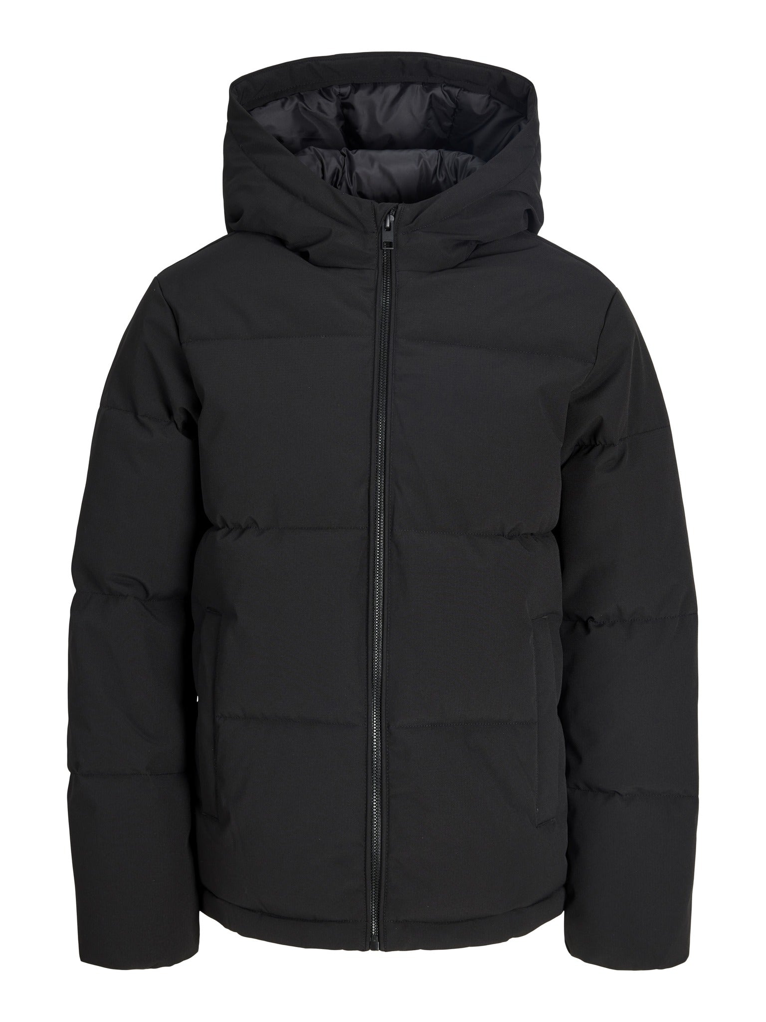 Front product view of the Jack Jones Junior Galaxy Boys Puffer Jacket in Black