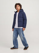 Jack Jones Junior Galaxy Boys Puffer Jacket in Sky Captain full length view