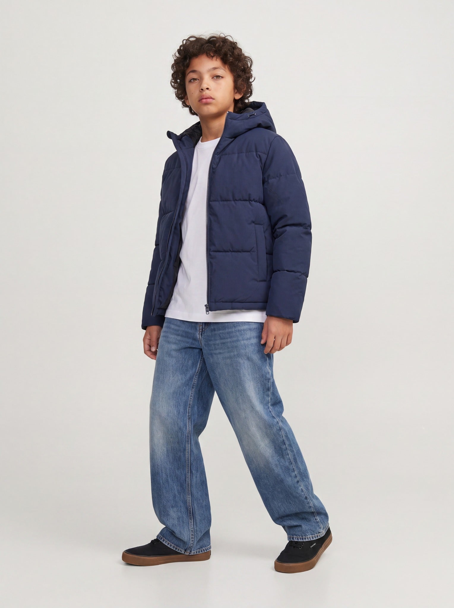 Jack Jones Junior Galaxy Boys Puffer Jacket in Sky Captain full length view