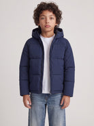 Jack Jones Junior Galaxy Boys Puffer Jacket in Sky Captain on model
