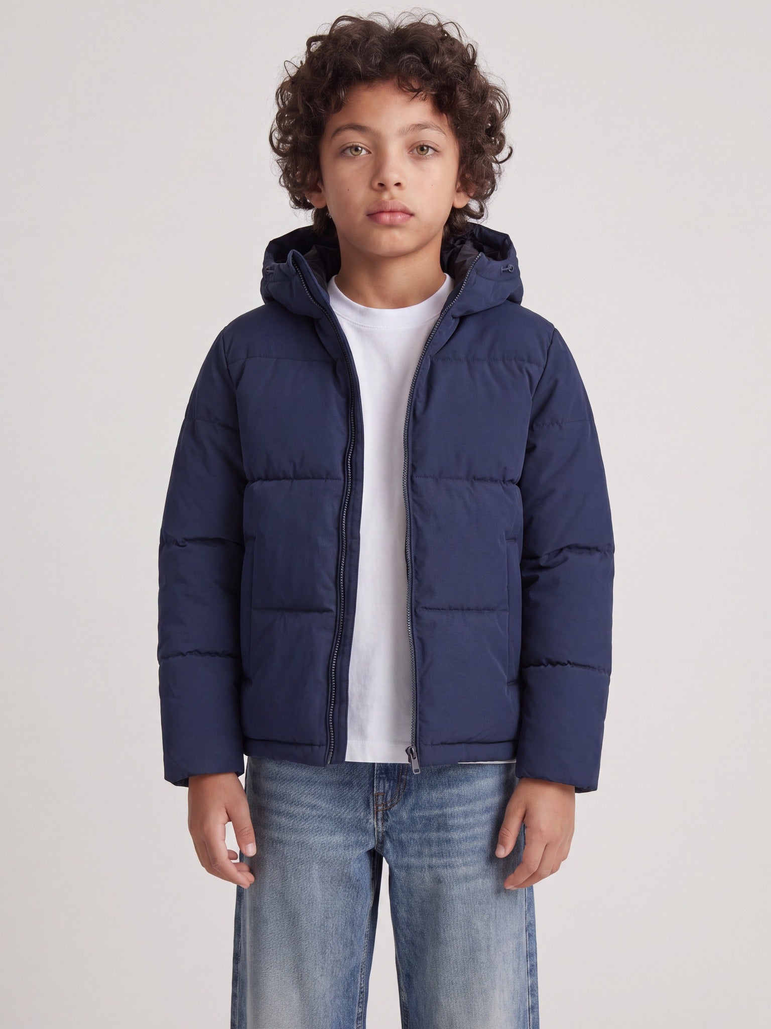 Jack Jones Junior Galaxy Boys Puffer Jacket in Sky Captain on model