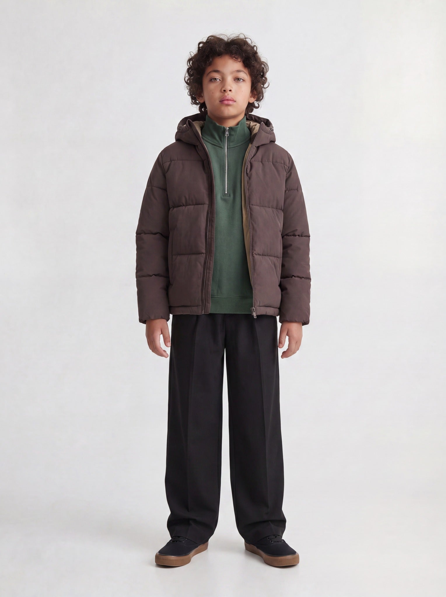 Jack Jones Junior Galaxy Boys Puffer Jacket in Java angled view on model
