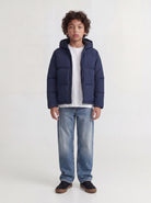Jack Jones Junior Galaxy Boys Puffer Jacket in Sky Captain angled view on model