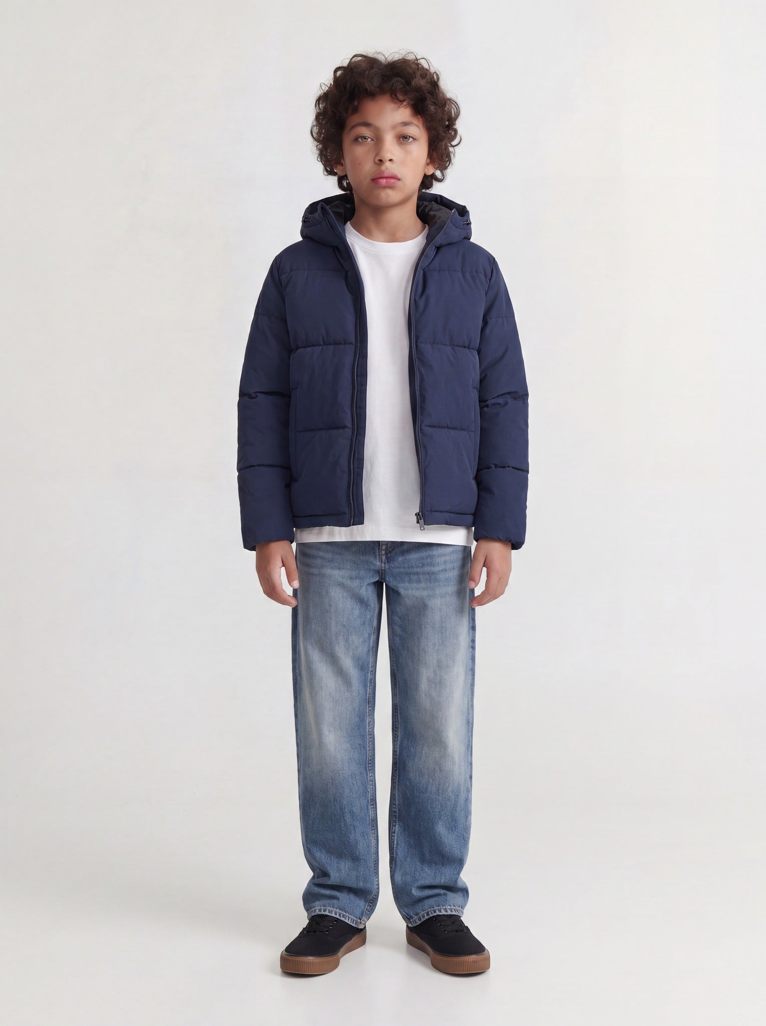 Jack Jones Junior Galaxy Boys Puffer Jacket in Sky Captain angled view on model