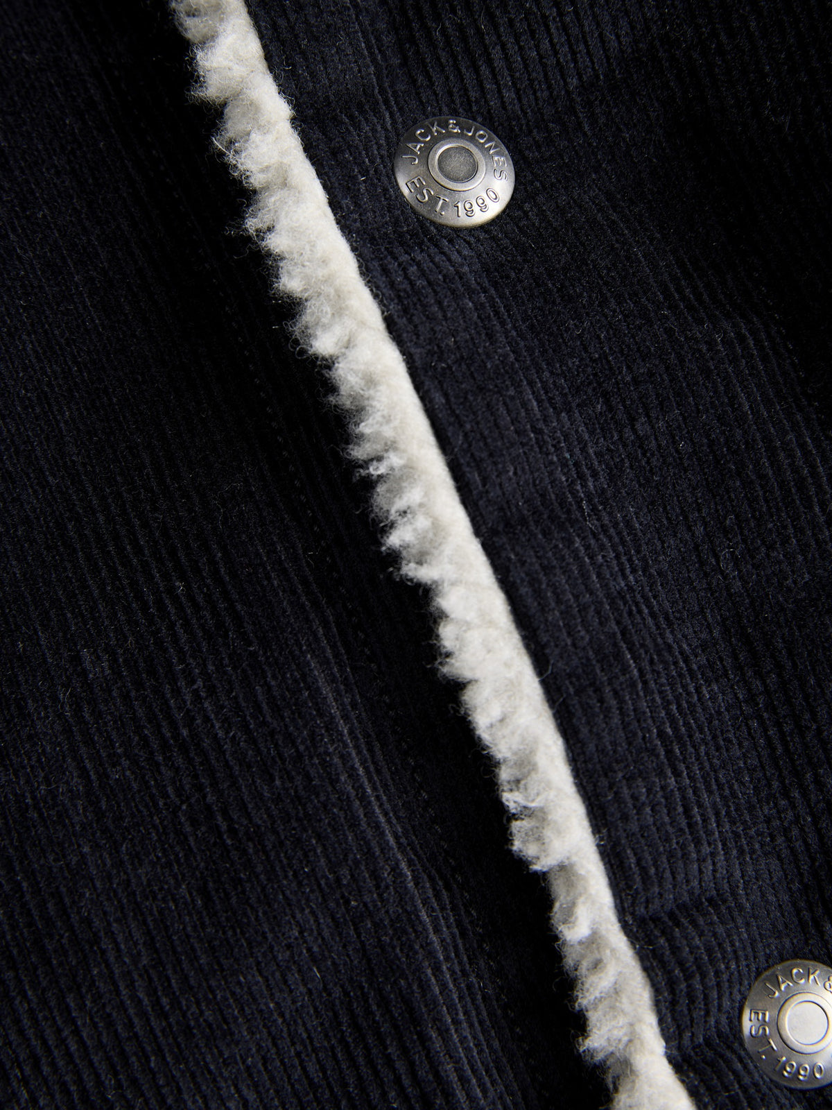 JACK & JONES Connor Corduroy Trucker Jacket in Dark Navy fleece trim and button detail