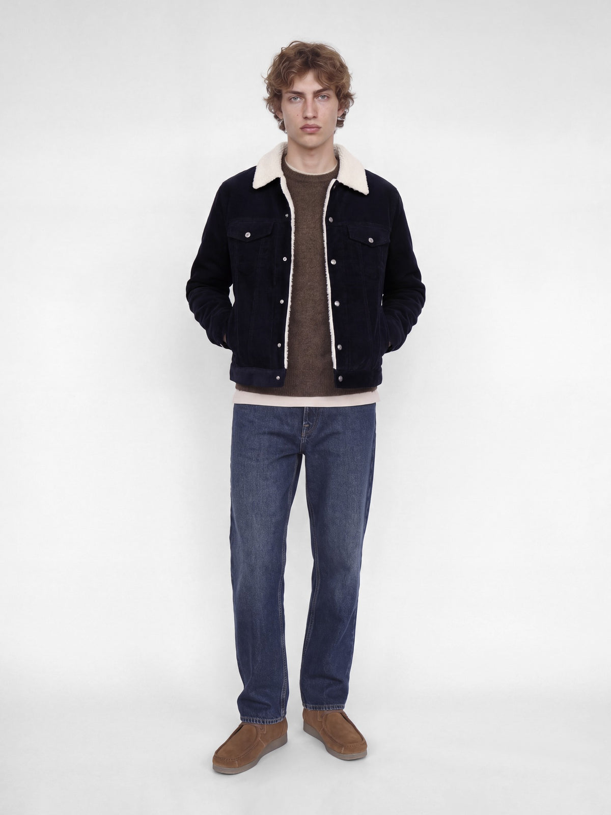 JACK & JONES Connor Corduroy Trucker Jacket in Dark Navy full length view
