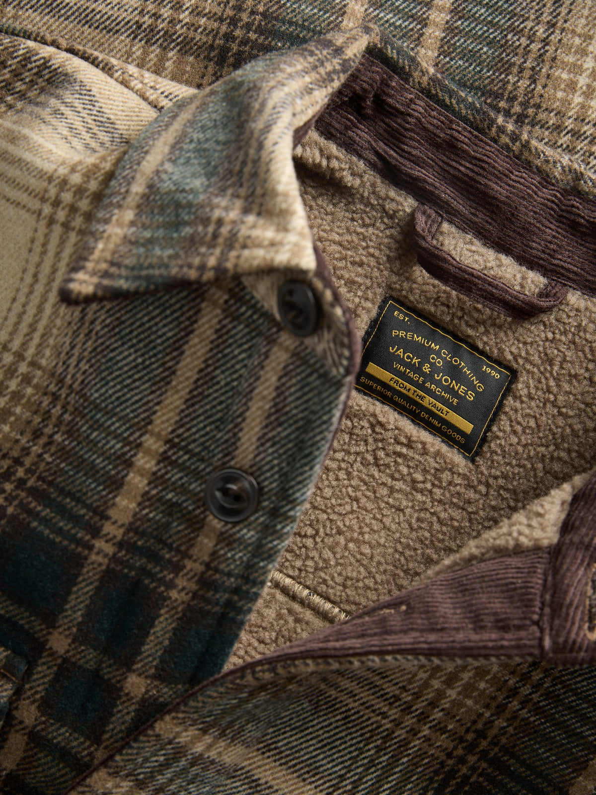 Jack & Jones Fade Jacket in Plaza Taupe Check plaid pattern and corduroy collar detail