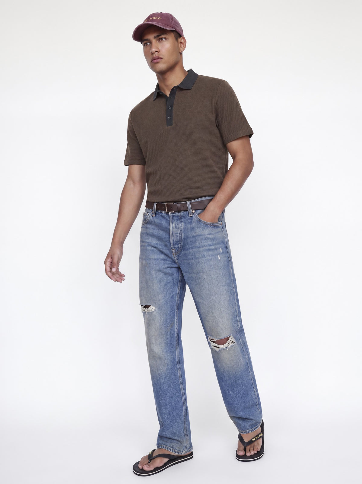 JACK & JONES Theo Polo in Chocolate Martini full length view