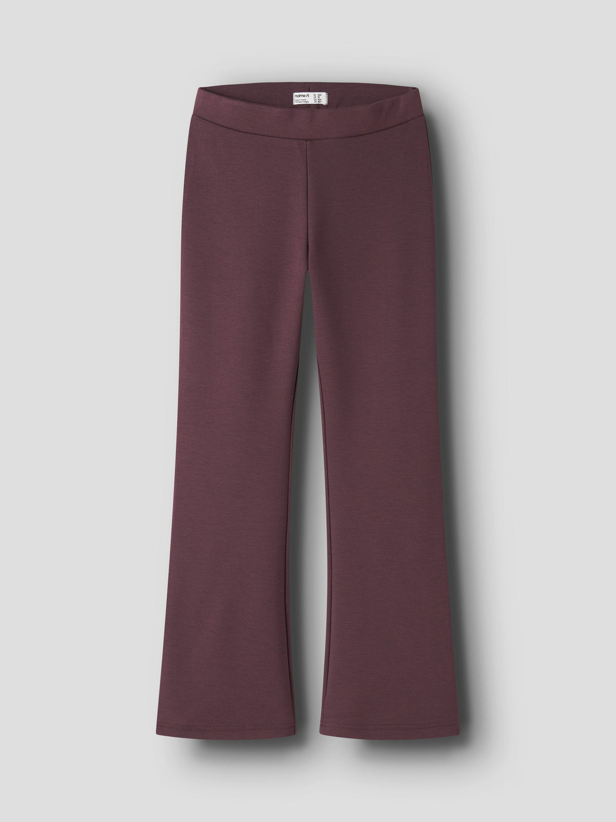 Front view of NAME IT Frikkali bootcut trousers in Catawba Grape against a grey background