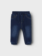 NAME IT Ben Round Sweat Jeans in Dark Blue Denim angled view