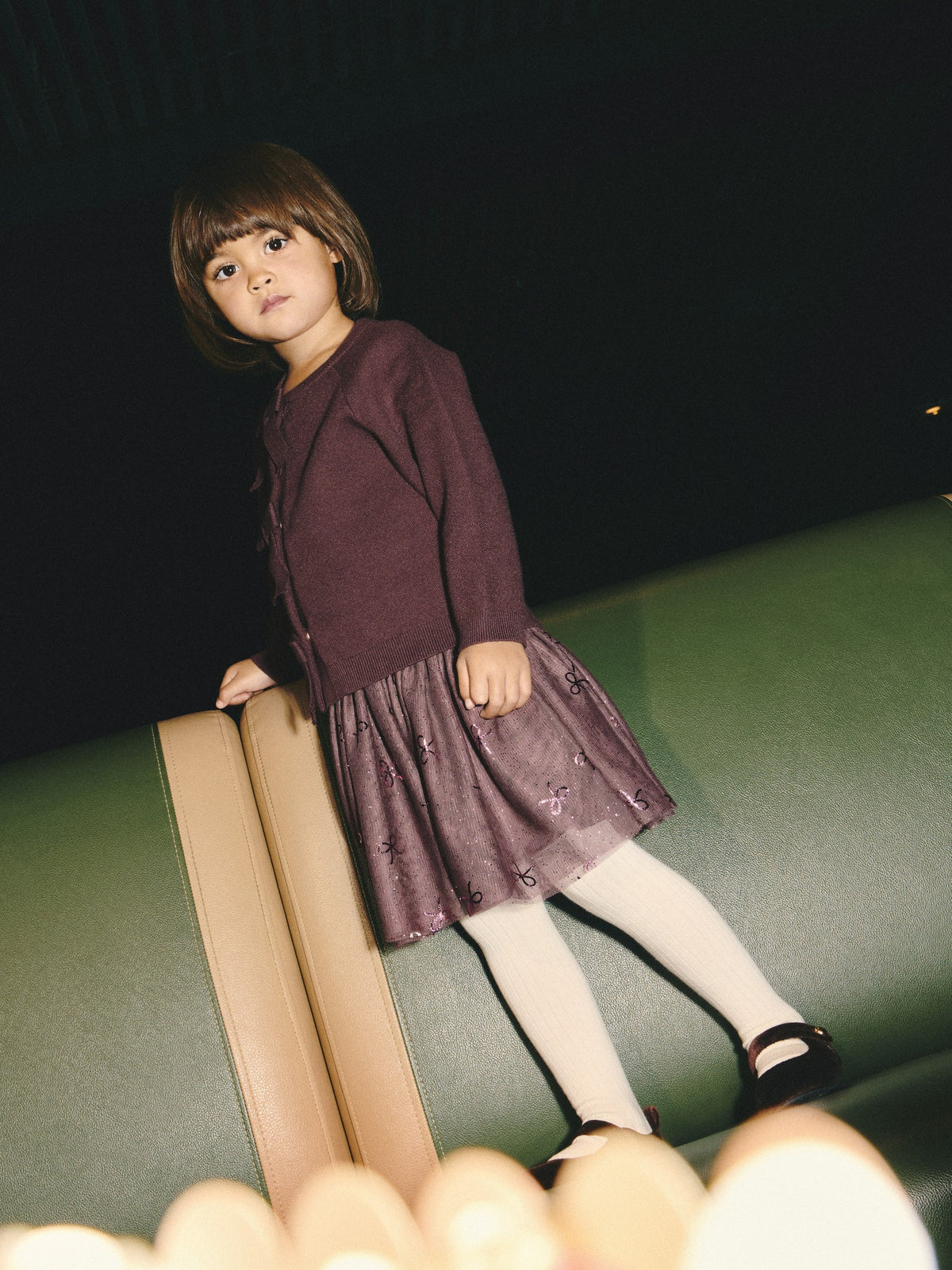 NAME IT Vabos Skirt in Catawba Grape Dots sheer overlay with bow embroidery