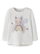 NAME IT Vix Long Sleeve Top in Cloud Dancer Rainbow Cat front view
