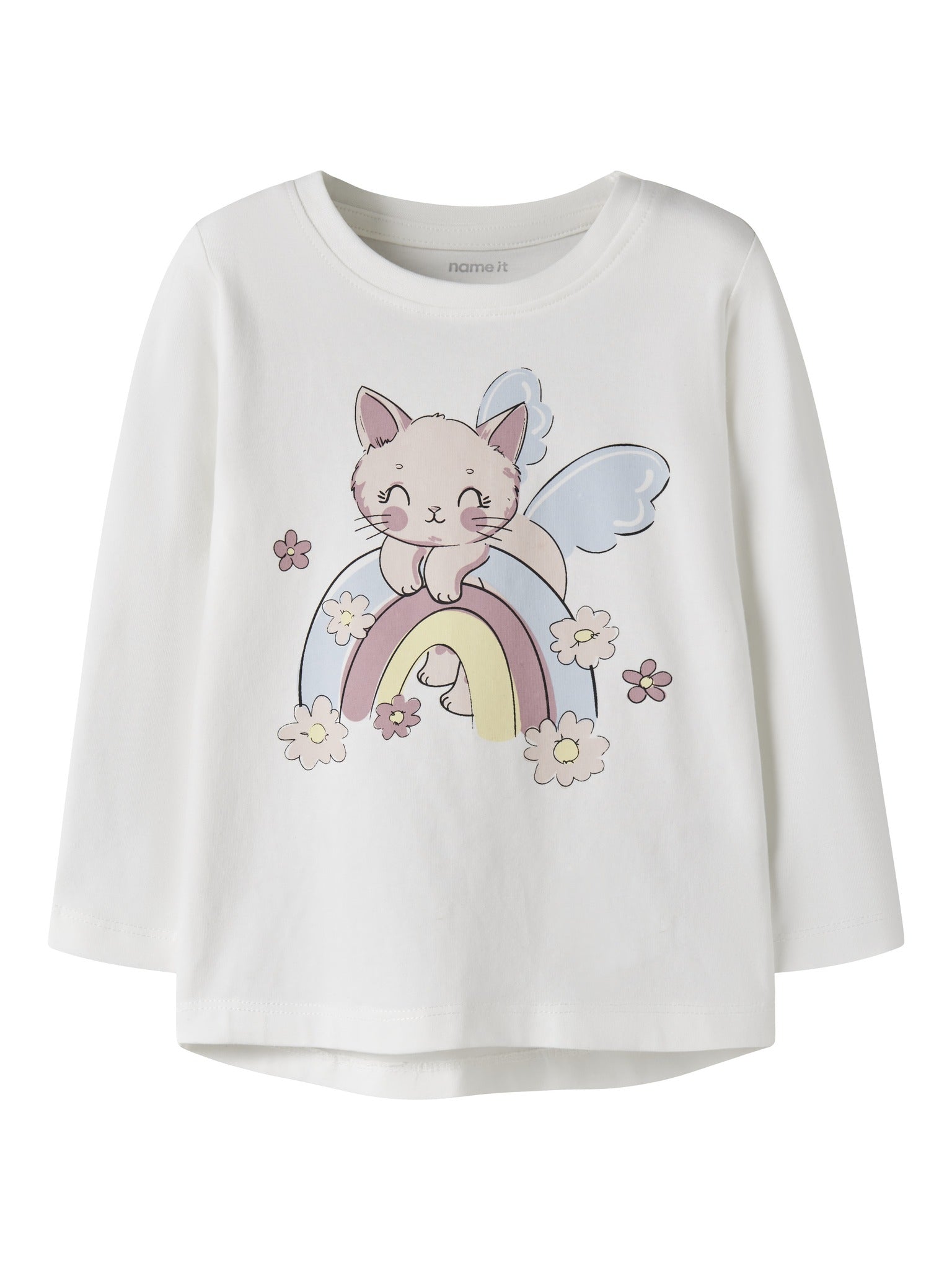 NAME IT Vix Long Sleeve Top in Cloud Dancer Rainbow Cat front view