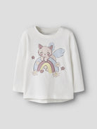 NAME IT Vix Long Sleeve Top in Cloud Dancer Rainbow Cat angled view