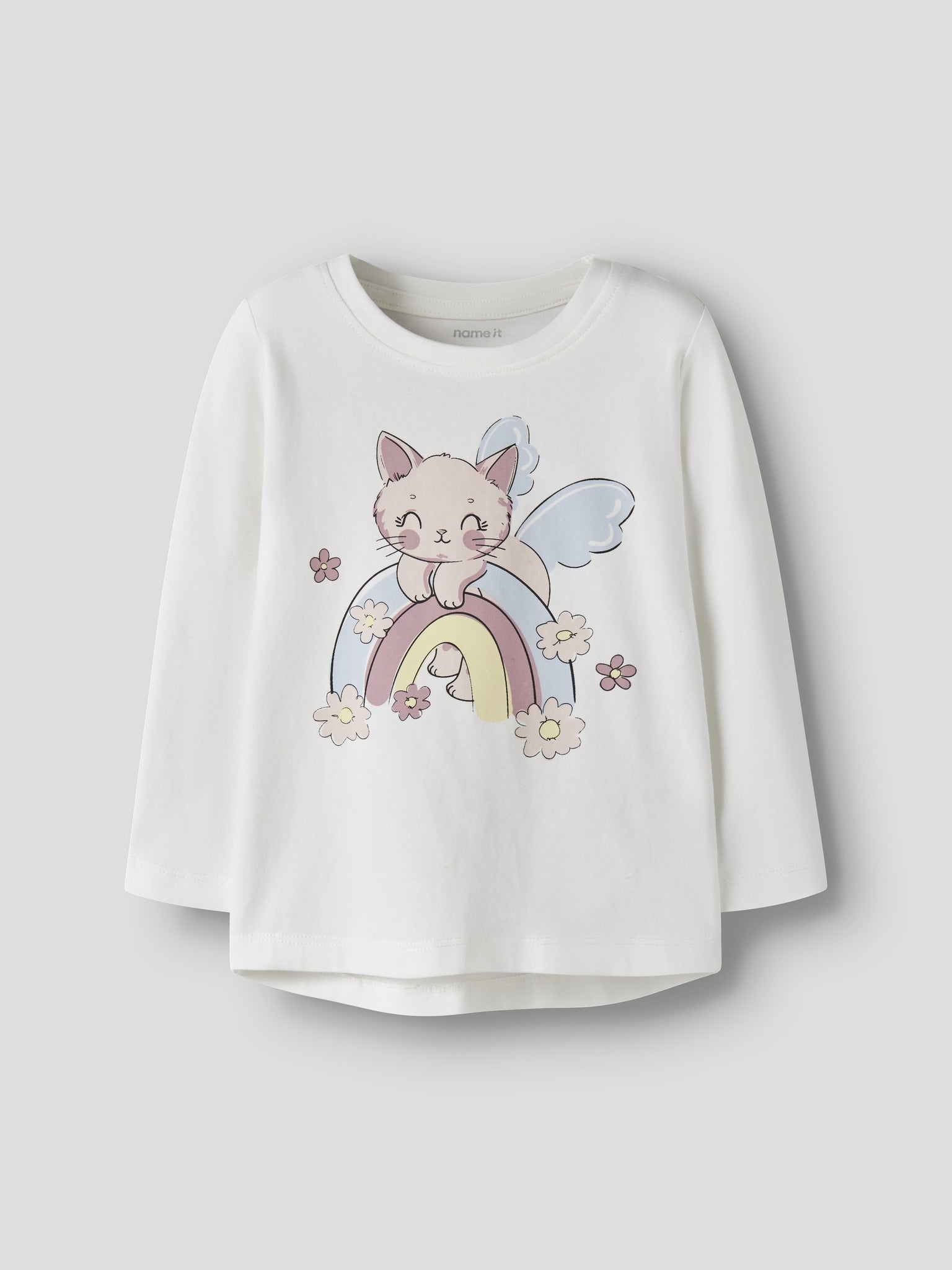 NAME IT Vix Long Sleeve Top in Cloud Dancer Rainbow Cat angled view