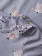 NAME IT Vandora Long Sleeve Dress in Heirloom Lilac Birds shoulder snap detail